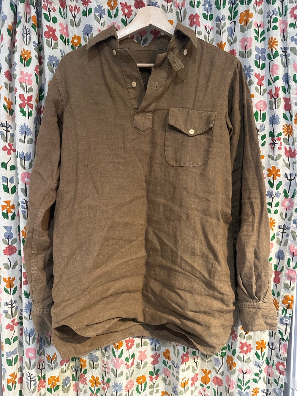 Casual Long Linen Collared Pullover in Brown